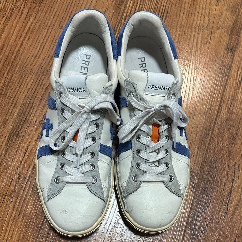 Premiata Men's White, Blue, and Gray Sneakers